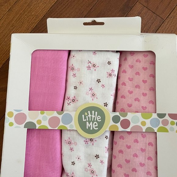 New Little Me Pink and White Infant Baby Girl Muslin Swaddle Blankets 3 pack - Picture 3 of 9